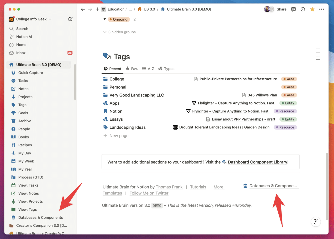 A screenshot showing the location of the Databases and Components page in Ultimate Brain.