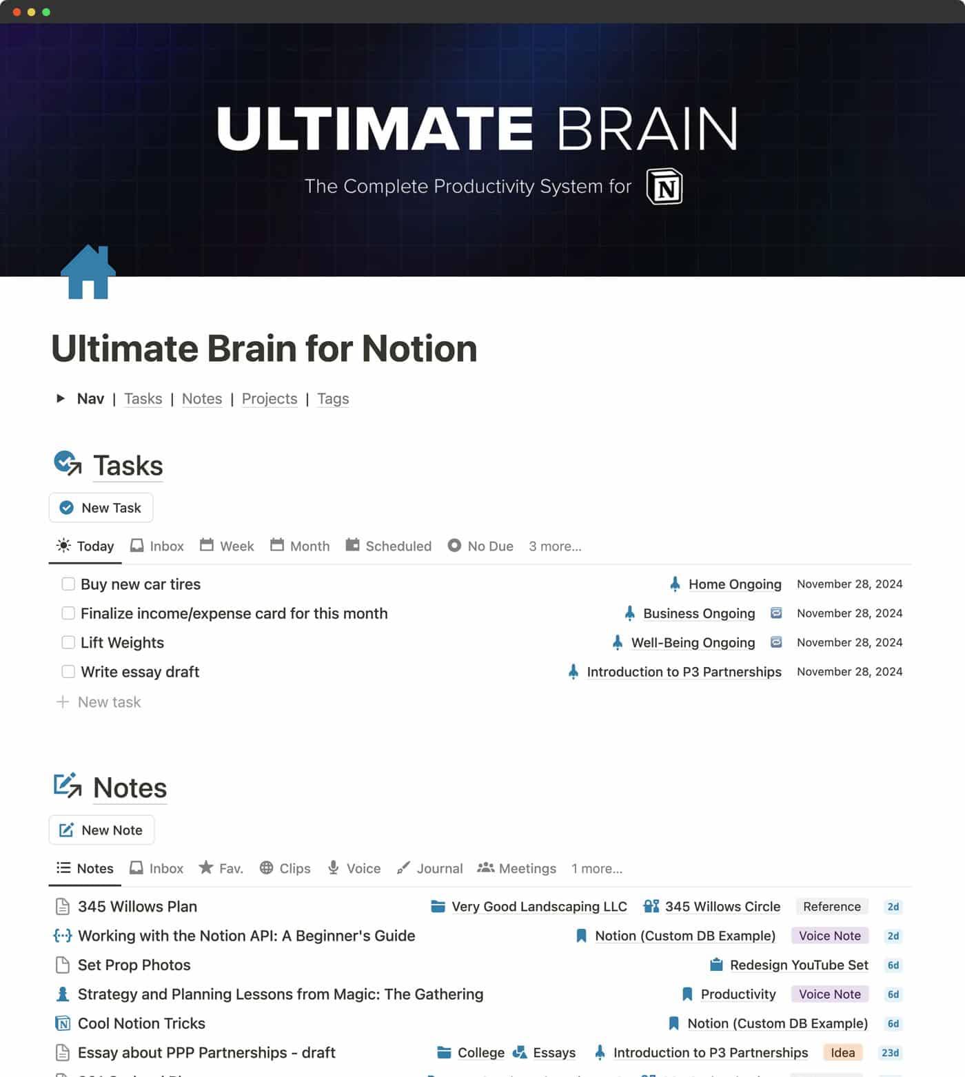 Screenshot of the Ultimate Brain dashboard page, featuring sections for tasks, notes, and projects