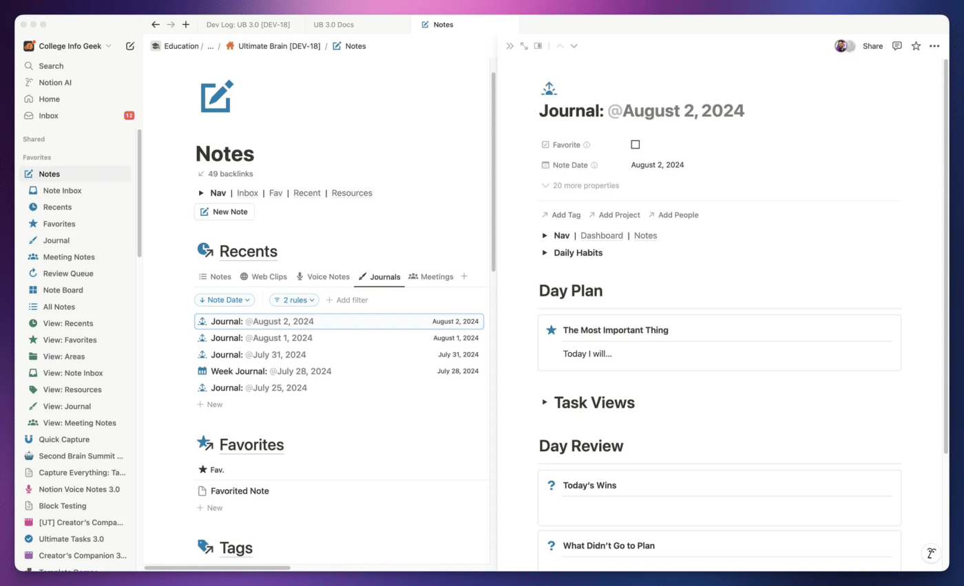 Side Peek mode open in Notion.