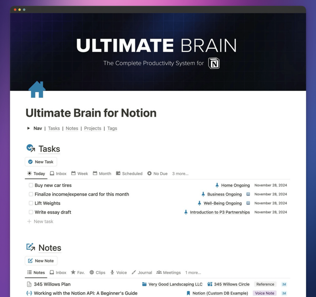 The full single column Ultimate Brain homepage