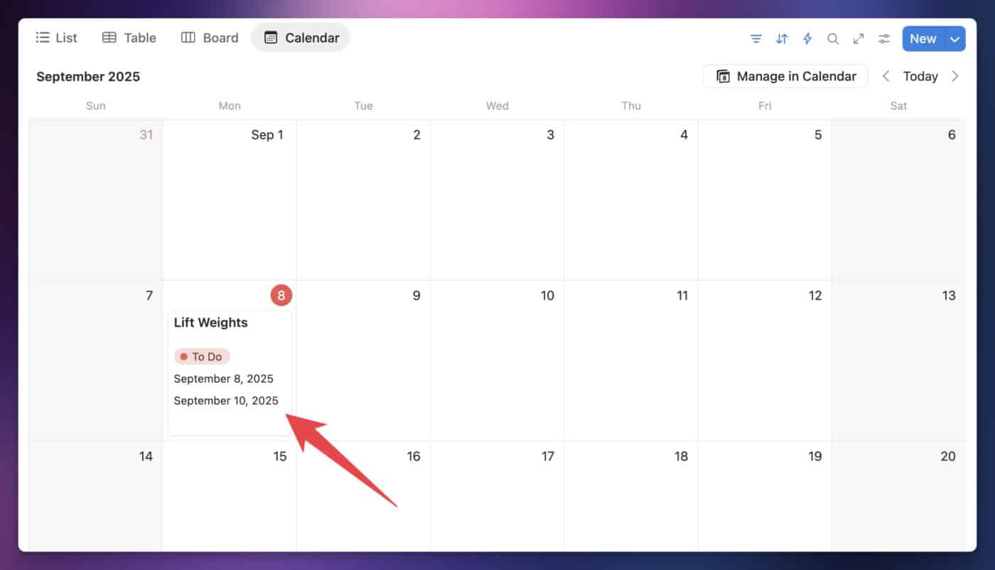Screenshot a recurring task on a calendar view in Notion. 