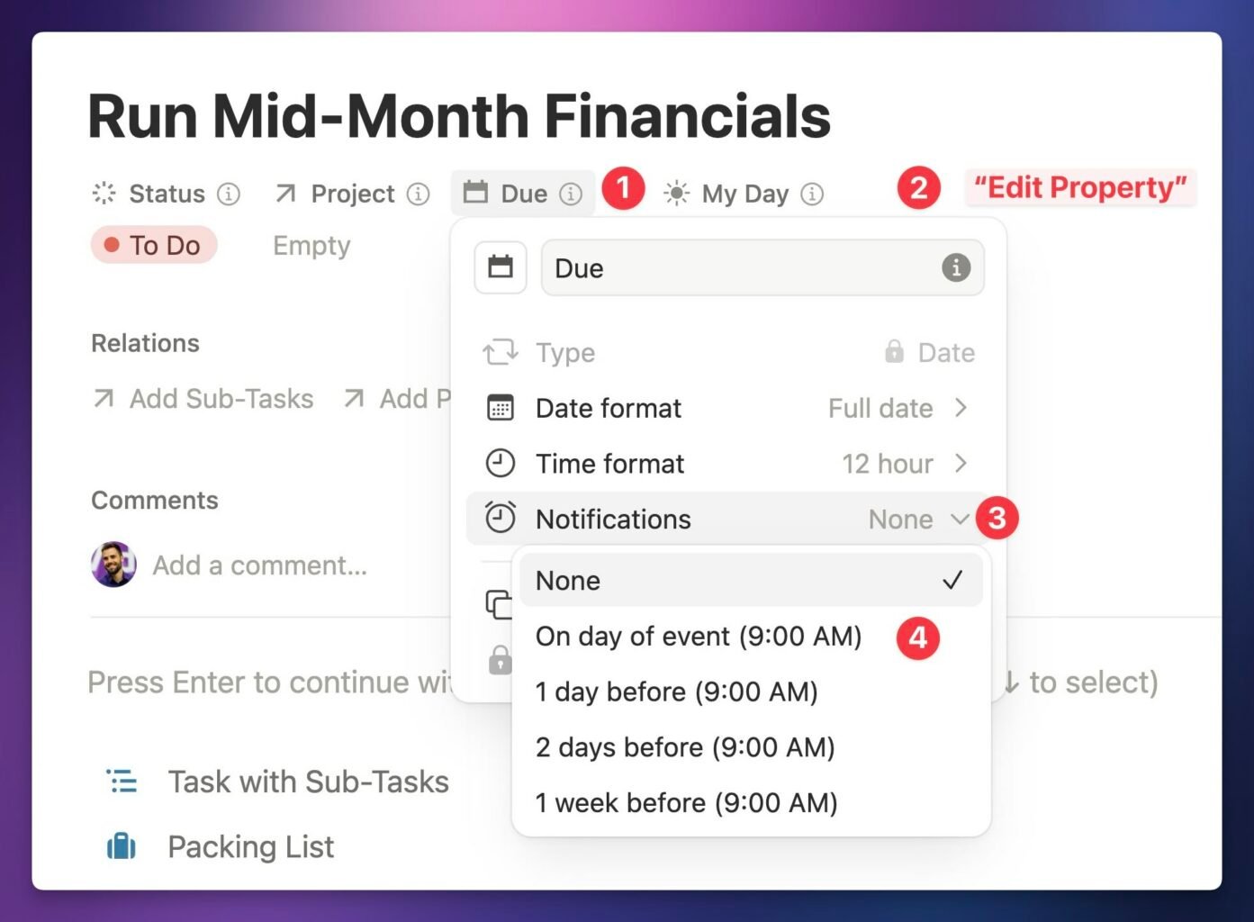 Screenshot showing how to enable notifications on a date property. 