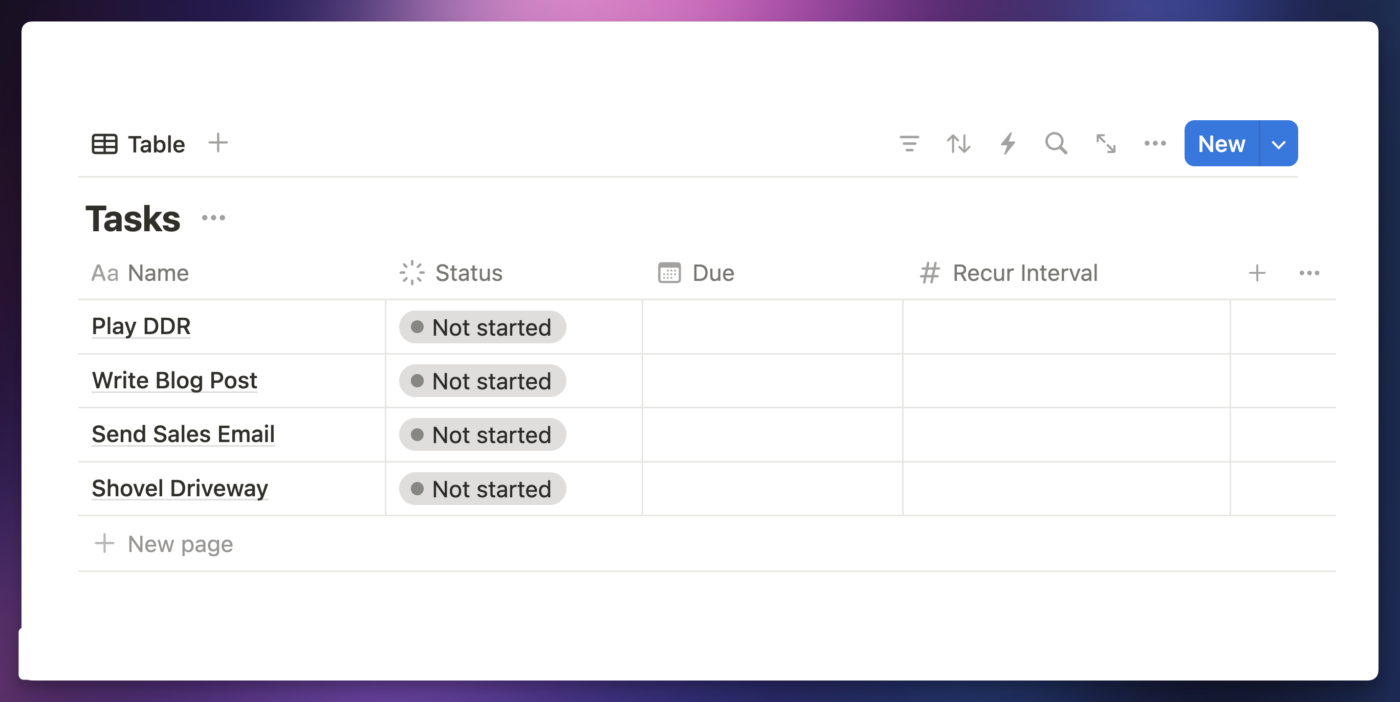 Creating the initial properties in the database, including status, due, and recur interval.