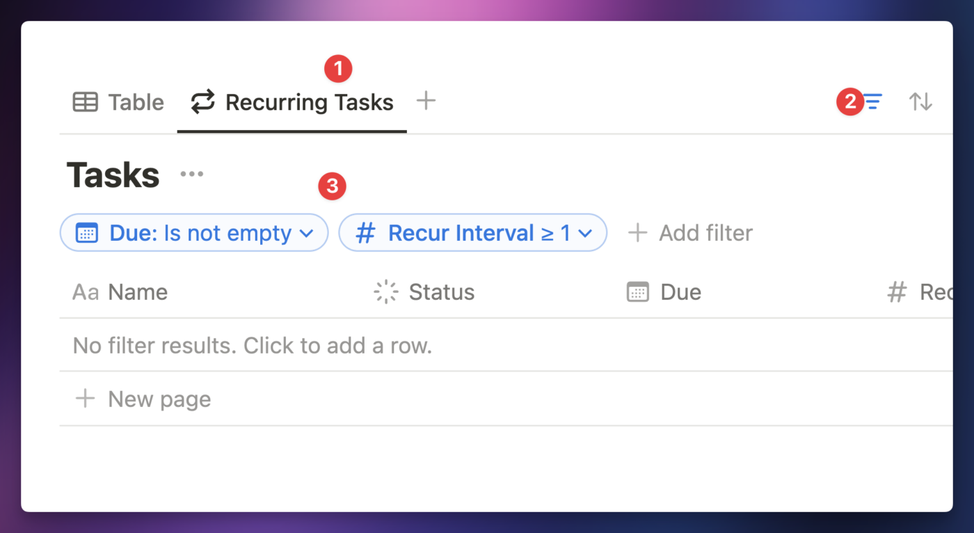 Creating the recurring tasks view with a filter where do is not empty and recur interval is greater than or equal to 1.