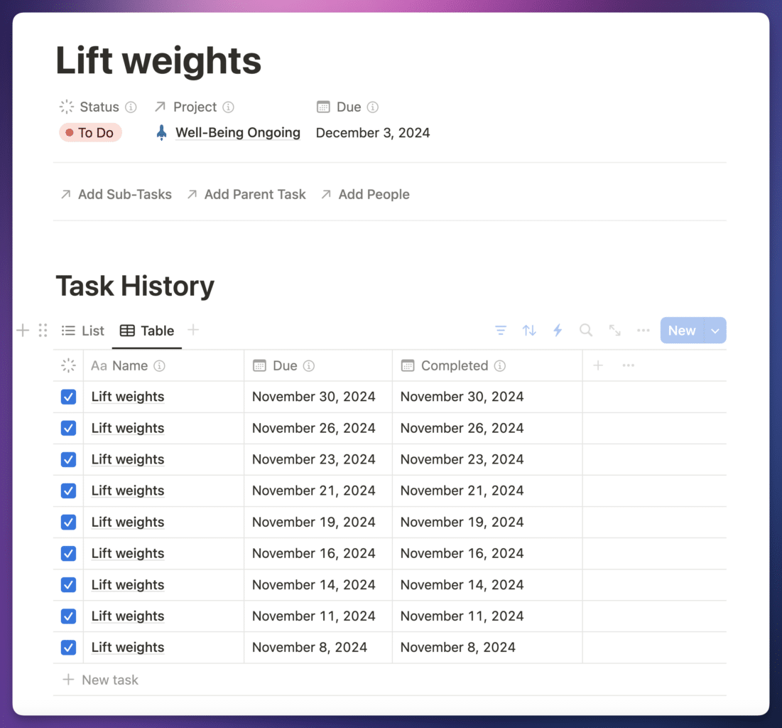 A preview of the task history feature showing all the historical occurrences of when the task was done.