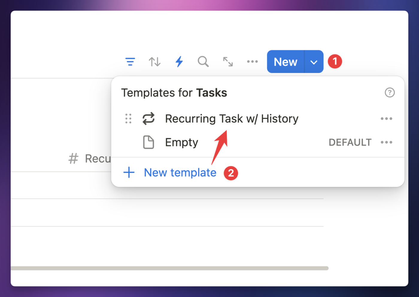 Creating a database template for recurring tasks with history.