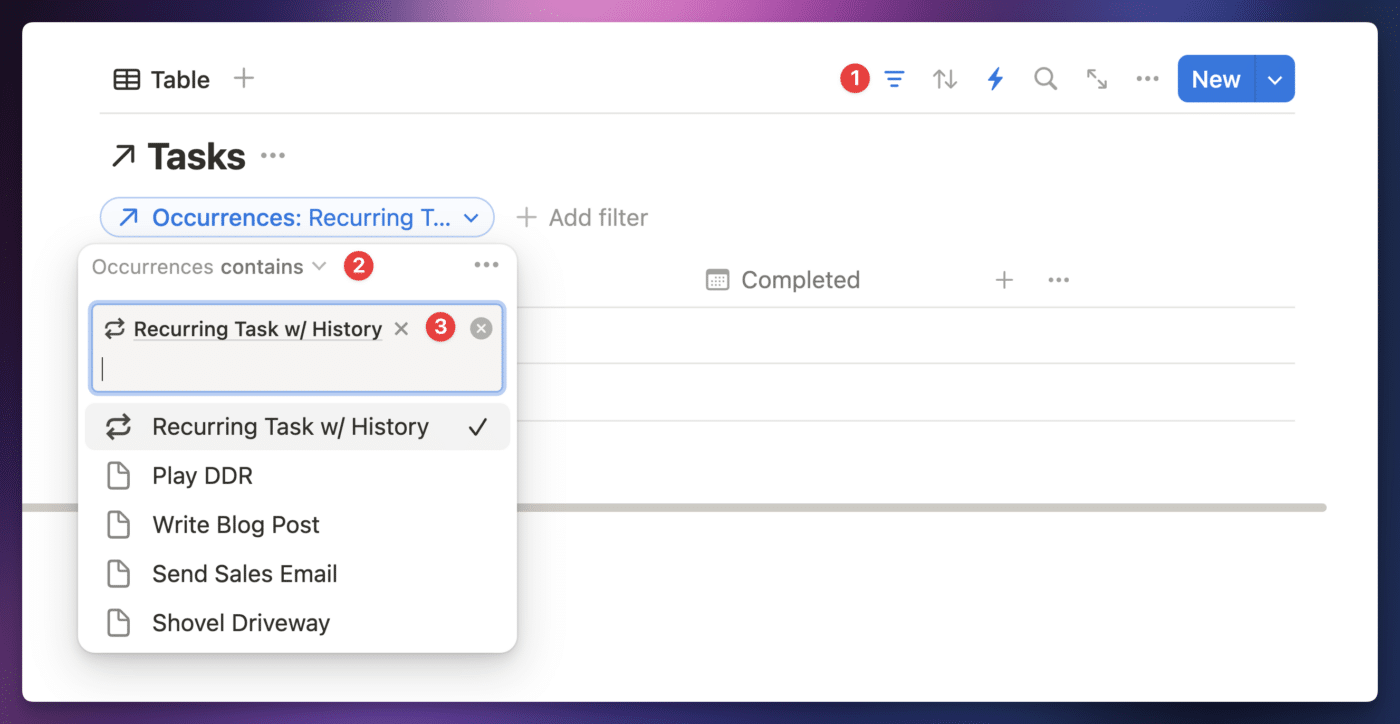 Creating a linked database view with a self-referential filter.