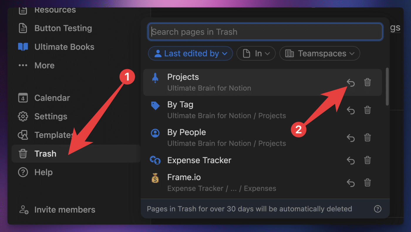 Restore a page from the trash by clicking on the trash menu item in the sidebar, then finding the page you want to restore and clicking the restore button.