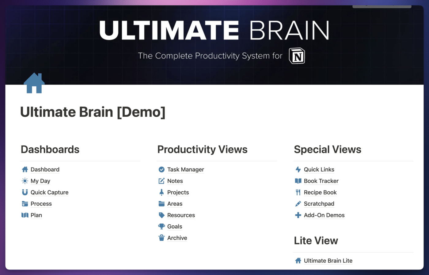 The homepage of Ultimate Brain 2.0.