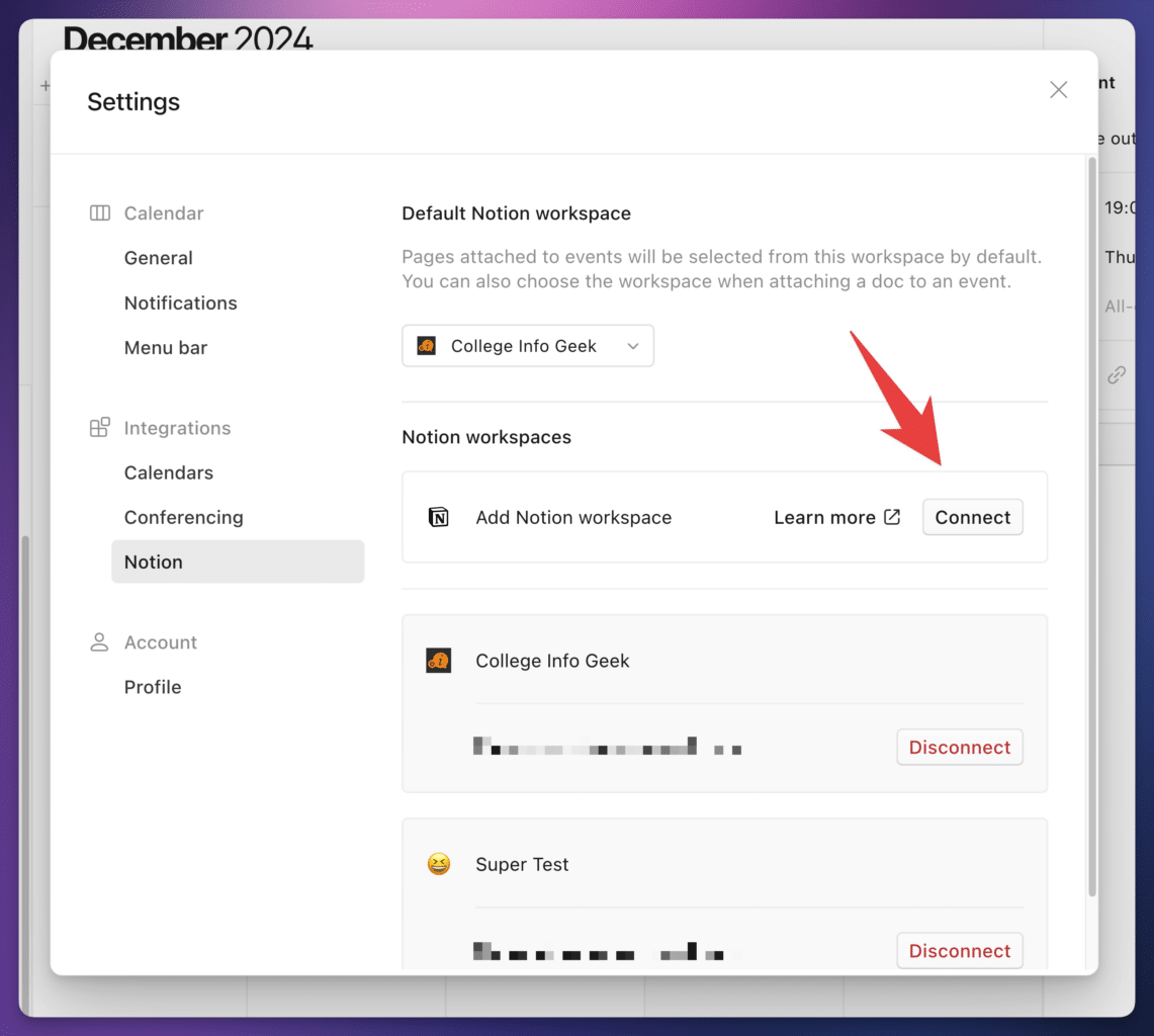 Accessing the Notion Integrations section in Notion Calendar's Settings.