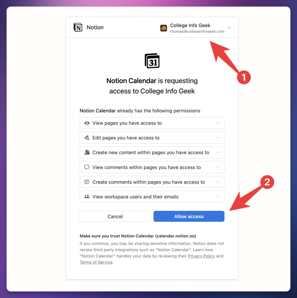 Authenticating the Notion workspace with Notion Calendar.