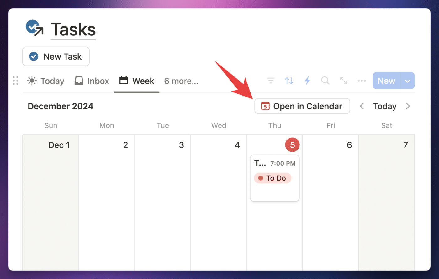 A screenshot of the Open in Calendar button and a database view.