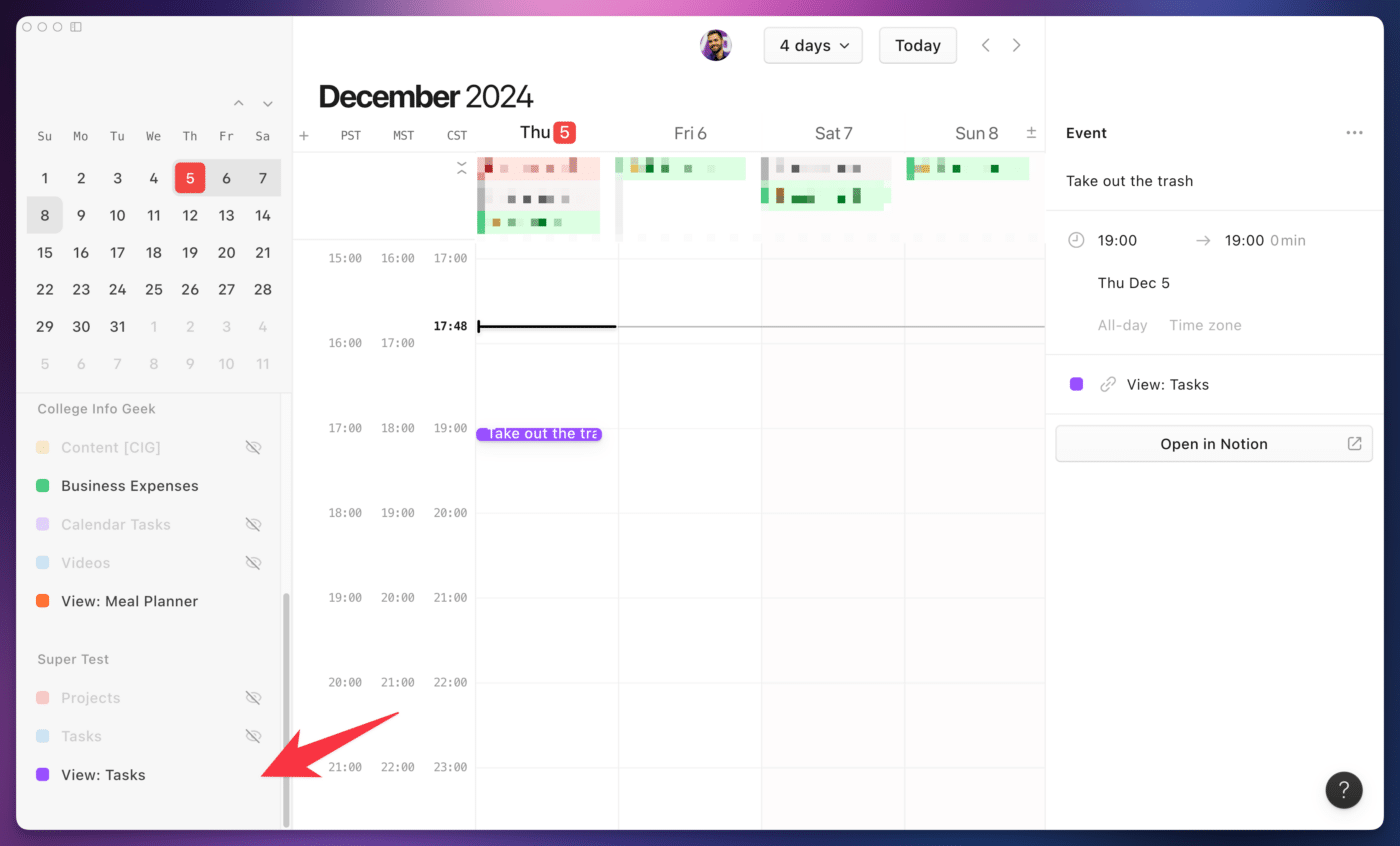 Enabling the tasks view in Notion Calendar.