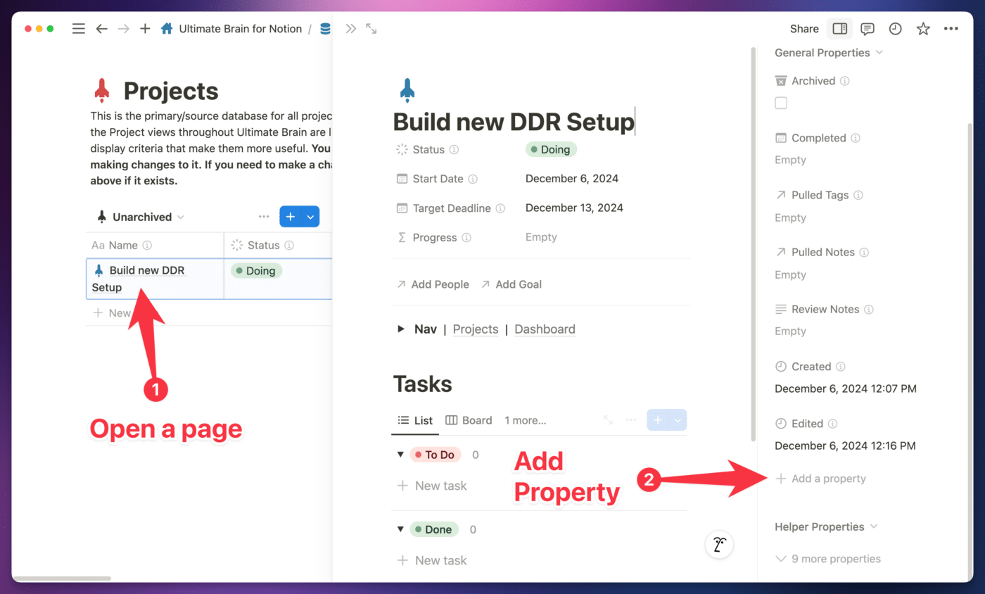 Opening a page and then adding a property.