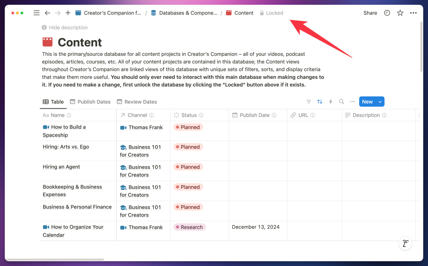 Locked button shown in a Notion database.