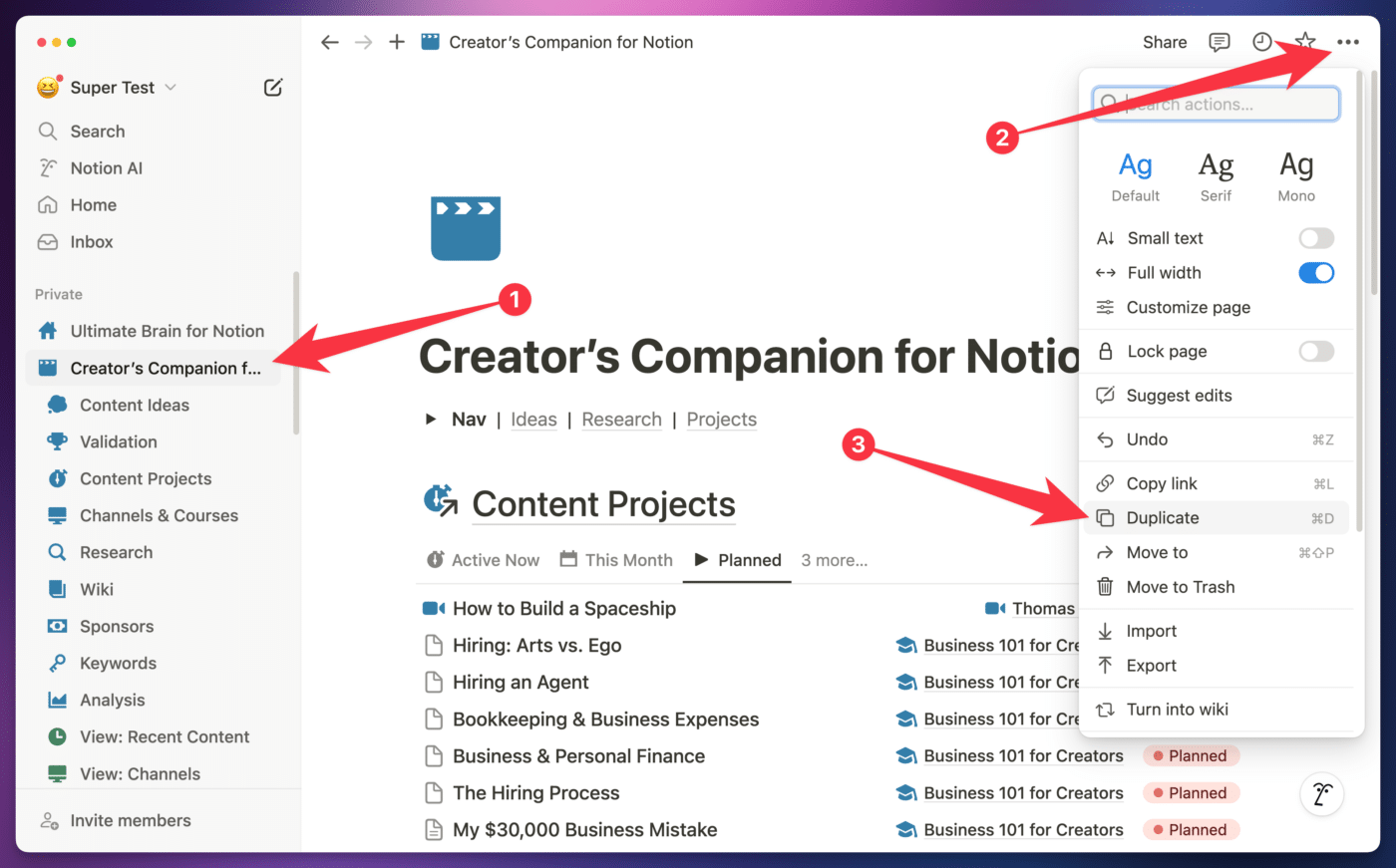 Duplicating Creator's Companion in Notion.