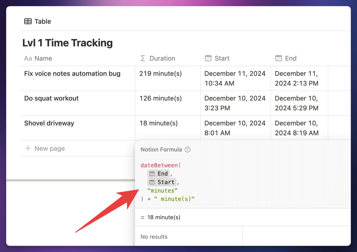 A simple Notion database with a duration formula.