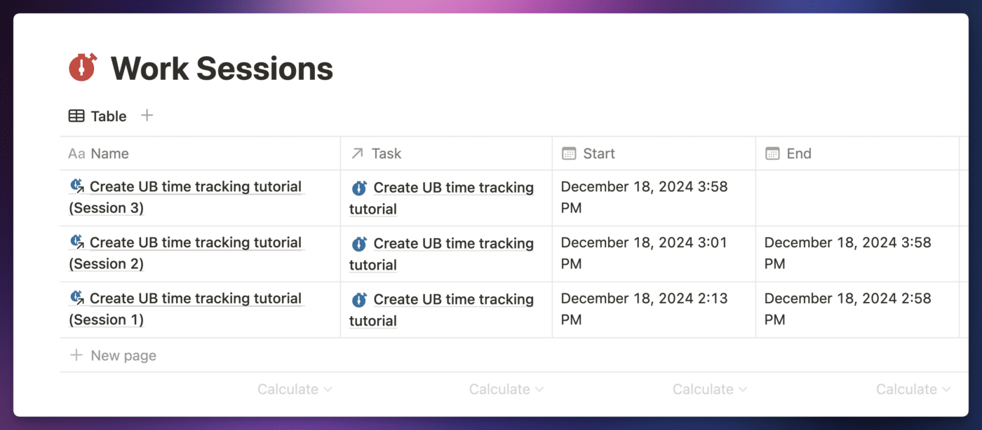 The Work Sessions Database, showing several work sessions all related to the same task.