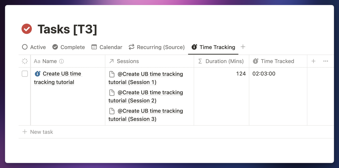 A view of the tasks database showing multiple sessions related to a single task.