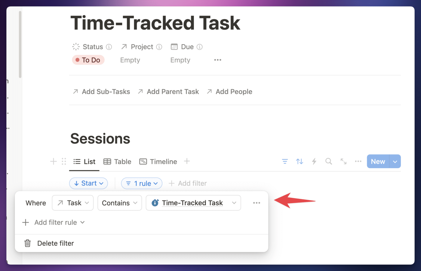 The time tracked task page template showing the session's list view with its filter.