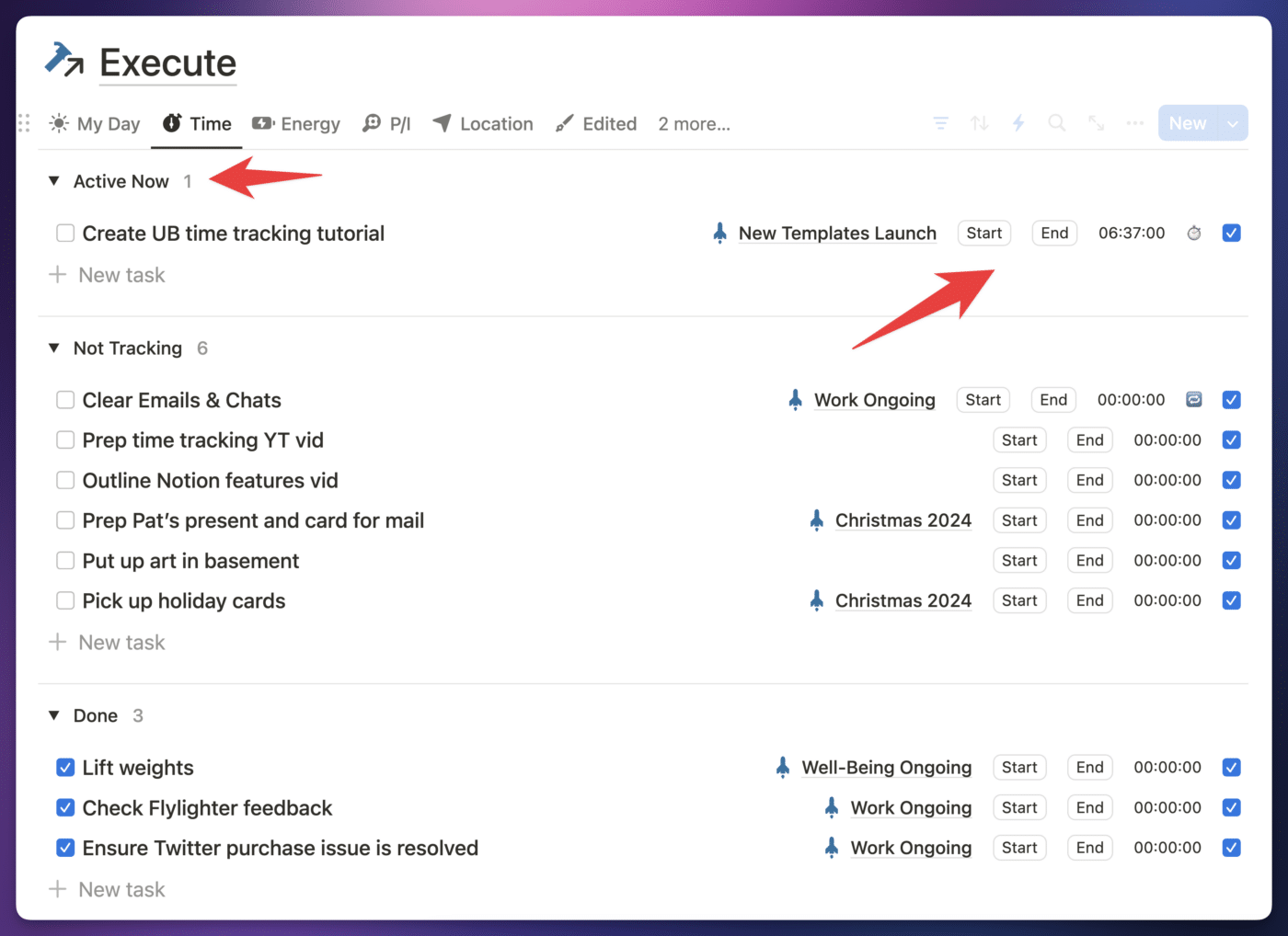 My time view, which groups tasks by their time tracking status.