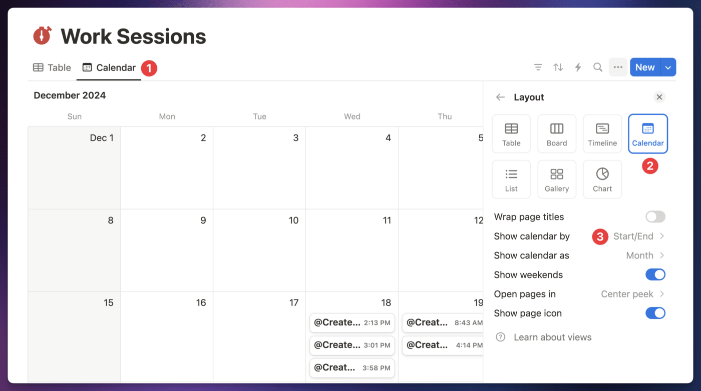 The calendar view in the Work Sessions database.