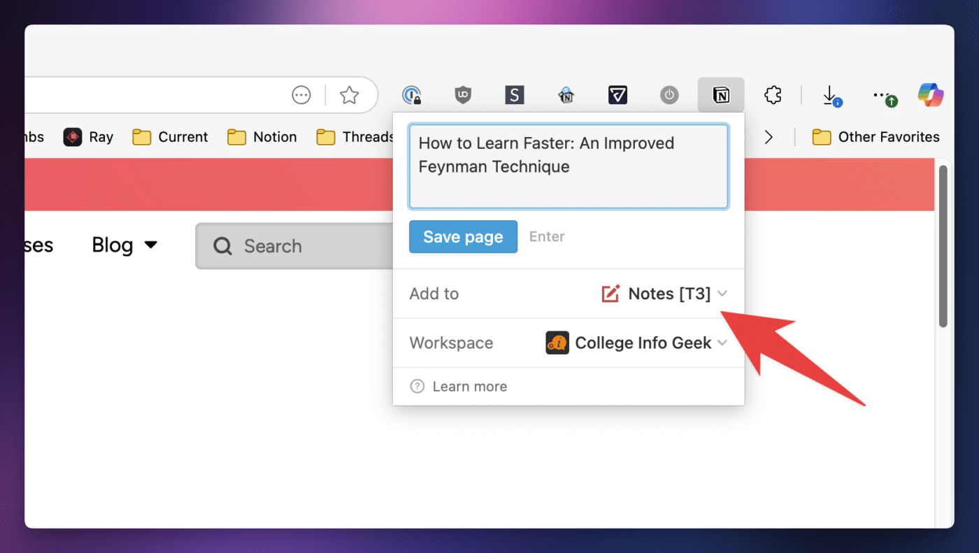 Selecting the Notes database in the Notion Web Clipper.