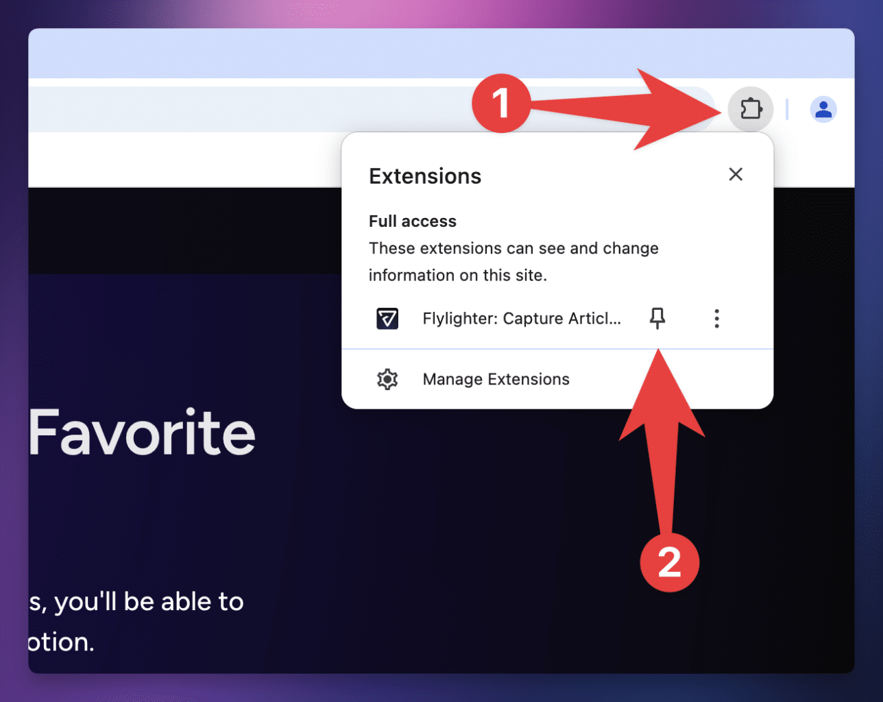 Pinning the Flylighter extension to the Chrome toolbar.