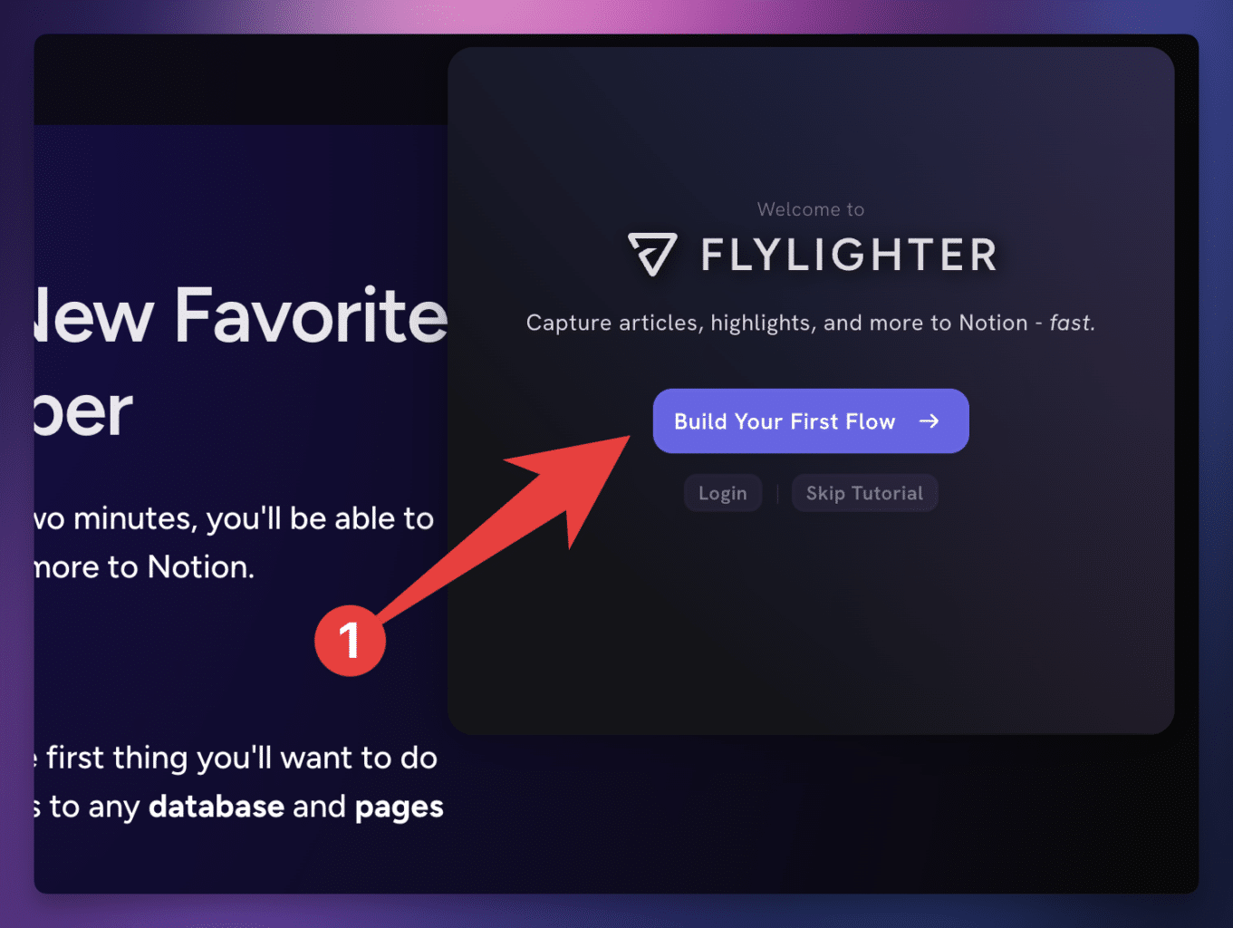 Clicking the Build Your First Flow button in Flylighter's guided onboarding.