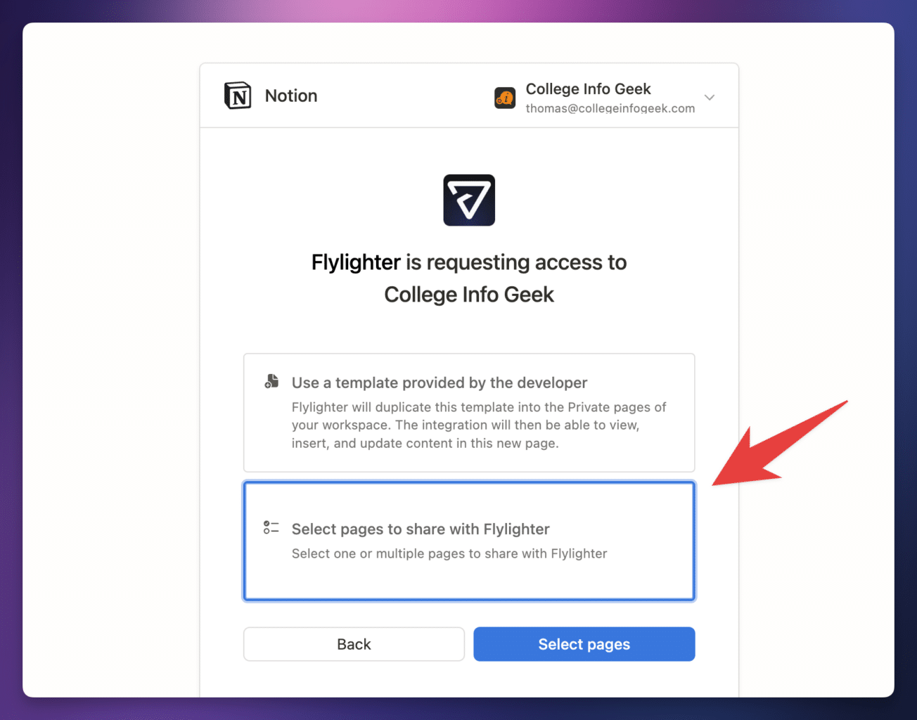 Selecting pages to share with Flylighter in the Notion authentication flow.