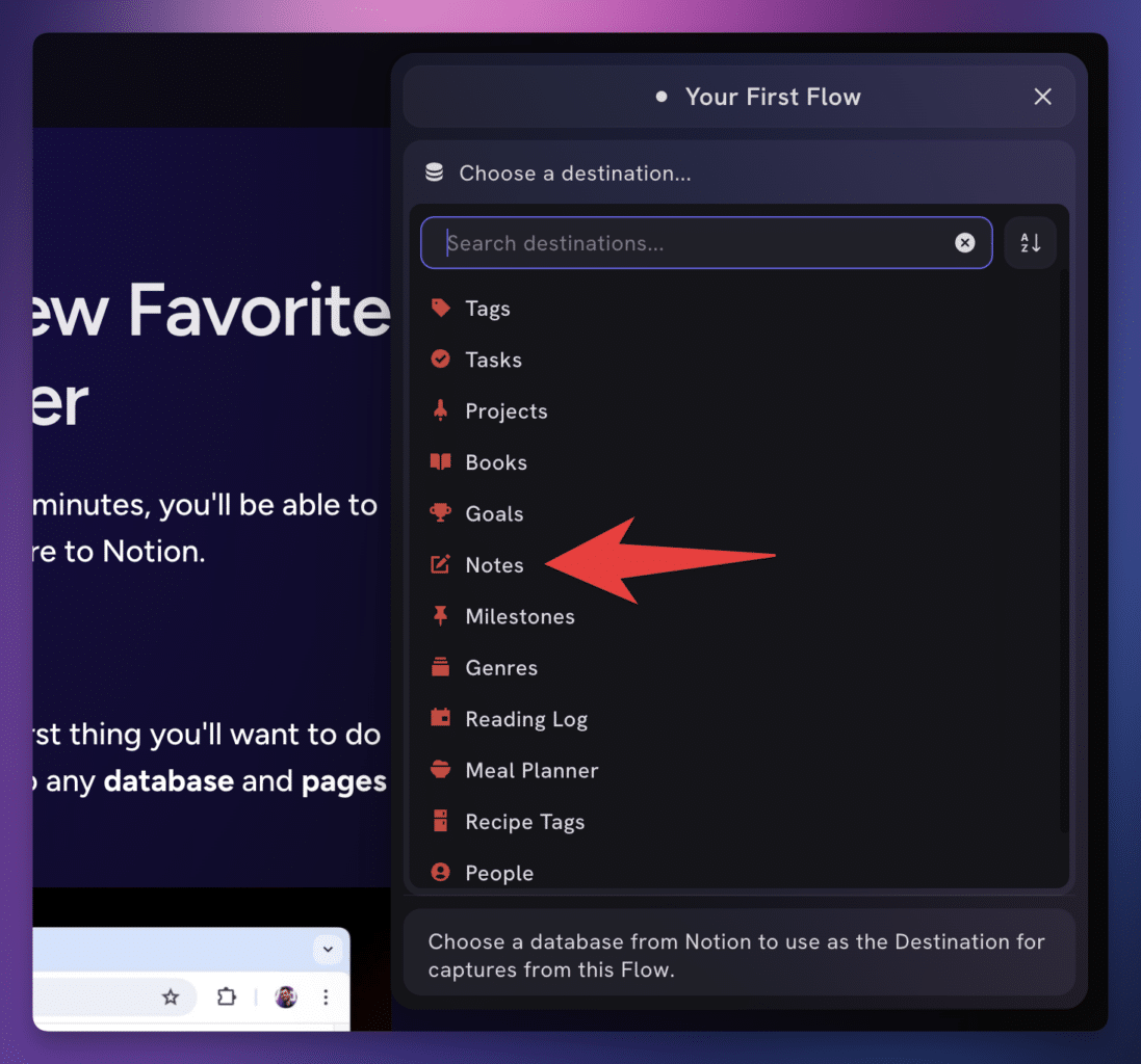 Selecting the Notes database in the destination picker.