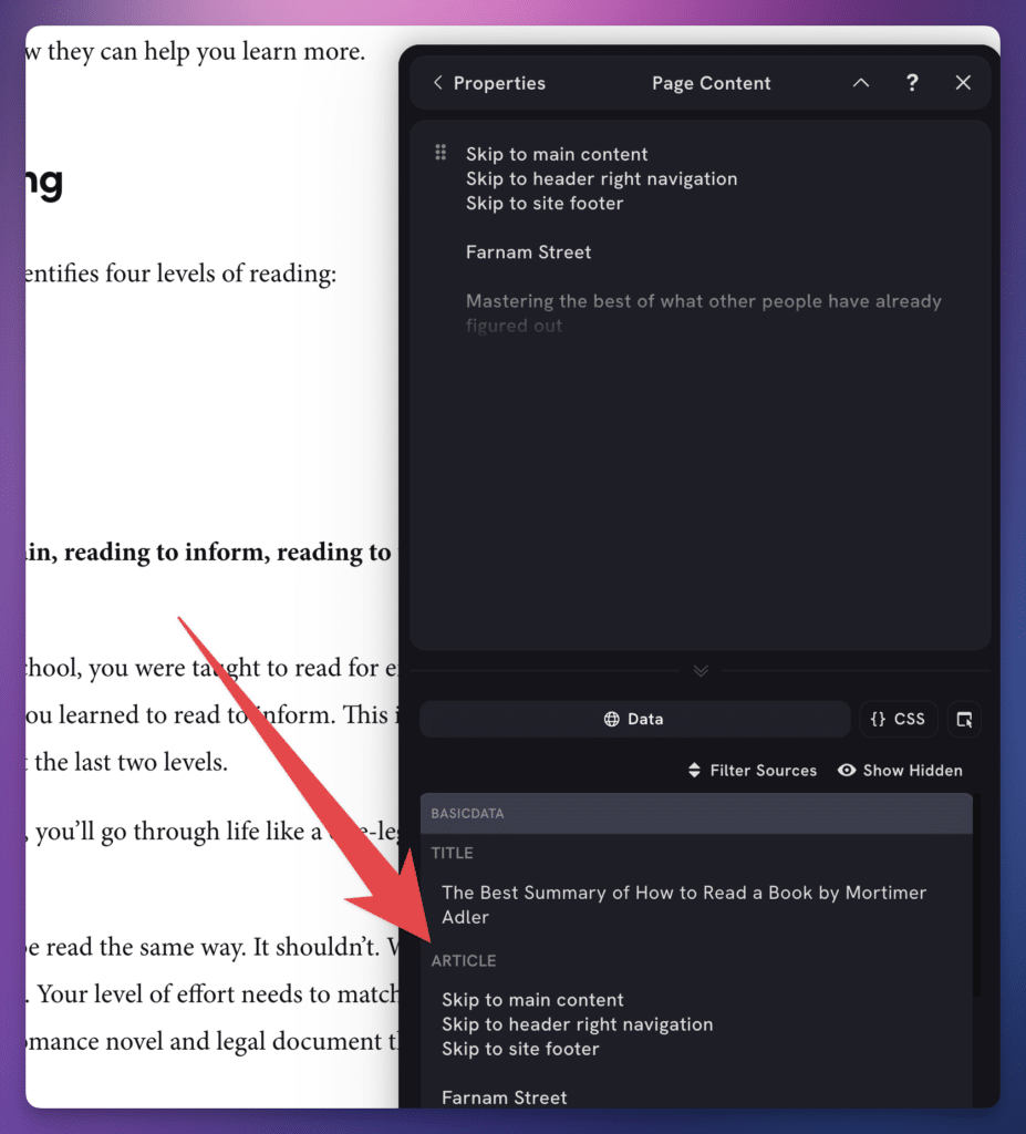 Choosing the article data chip from the data picker.