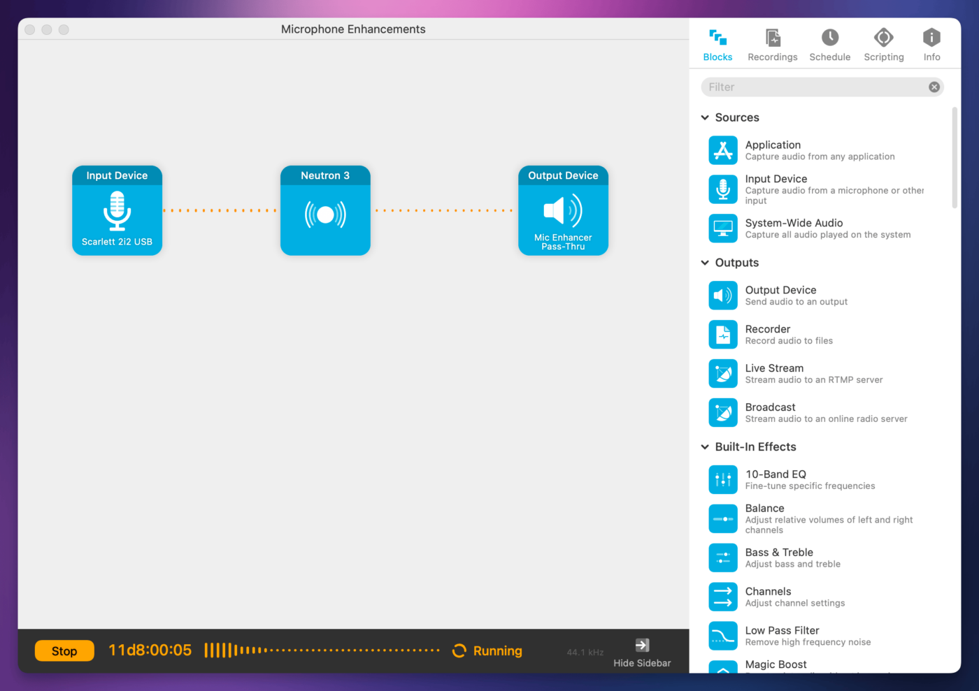 Audio Hijack showing my custom microphone enhancements session.