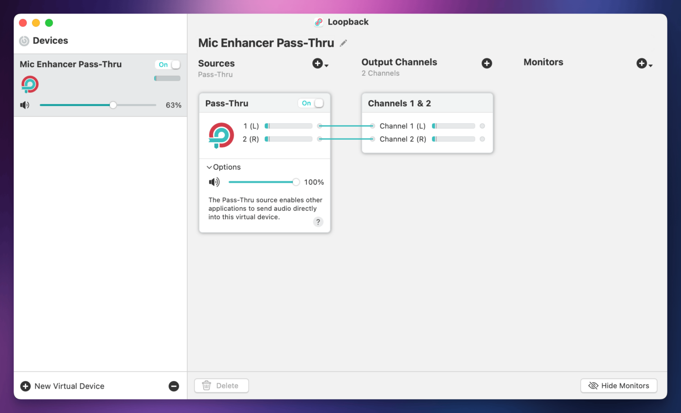 My Mic Enhancer Pass-Thru virtual Device in Loopback.