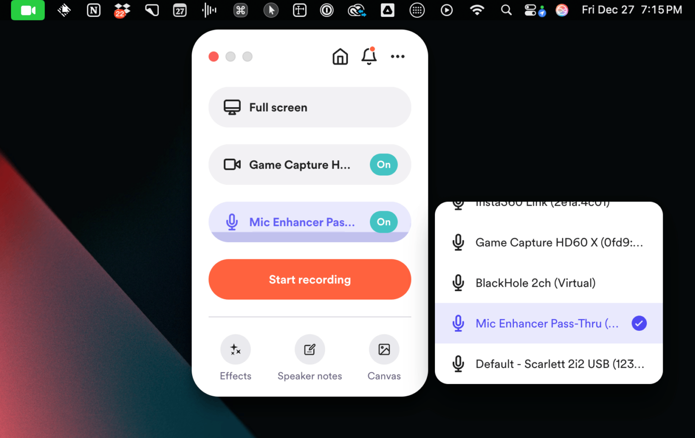 The audio input device list in Loom, showing my Mic Enhancer Pass-Thru device.