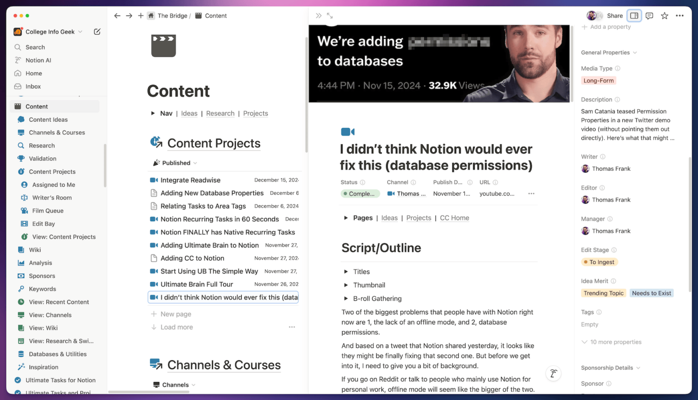 My content tracker in Notion, showing an open video project.