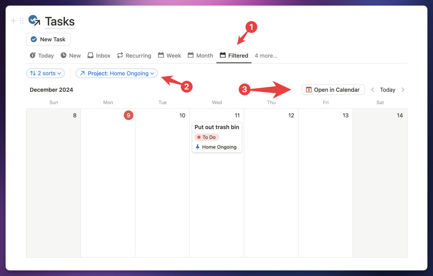 Creating a new calendar view in Ultimate Brain, adding a filter, and opening in Calendar.