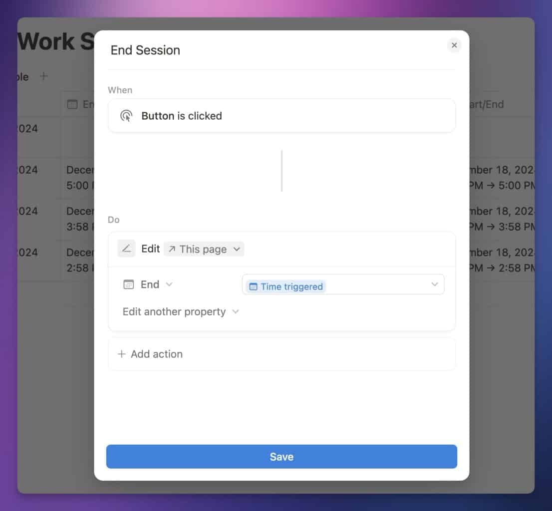 Setting the End property value in the button automation.