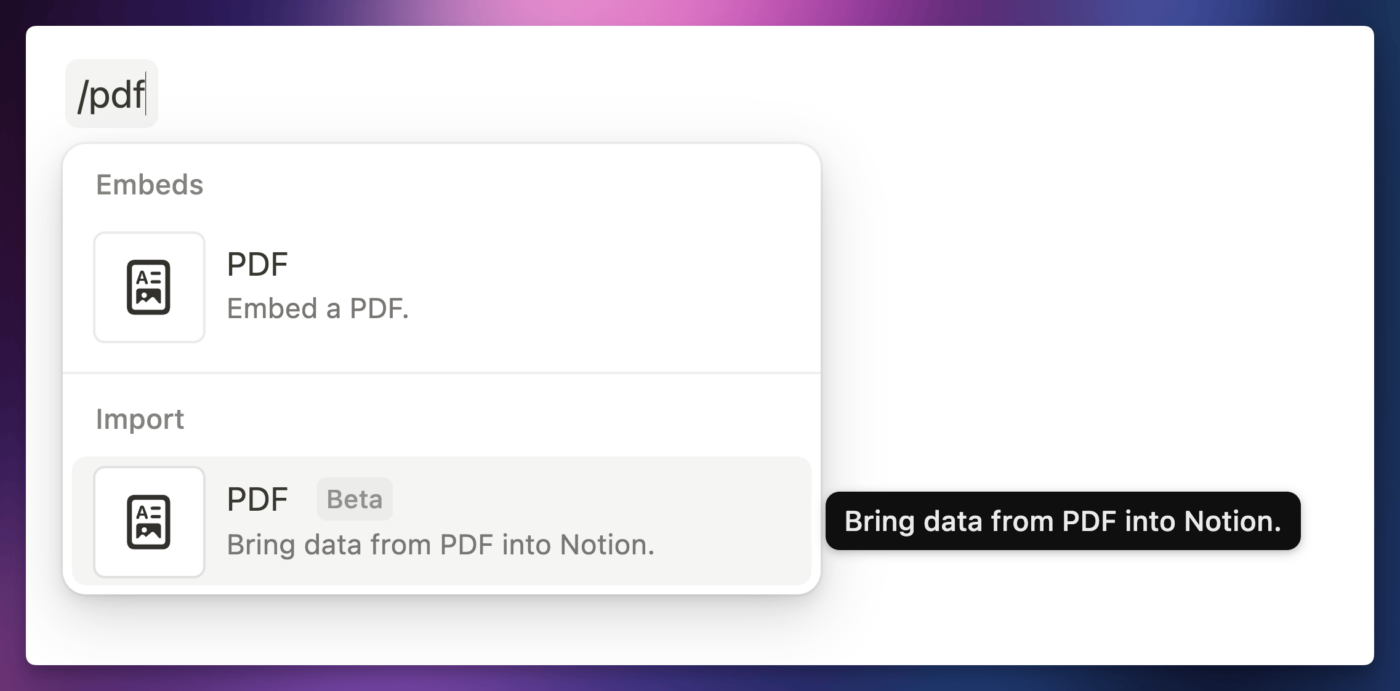 Importing a PDF into Notion.