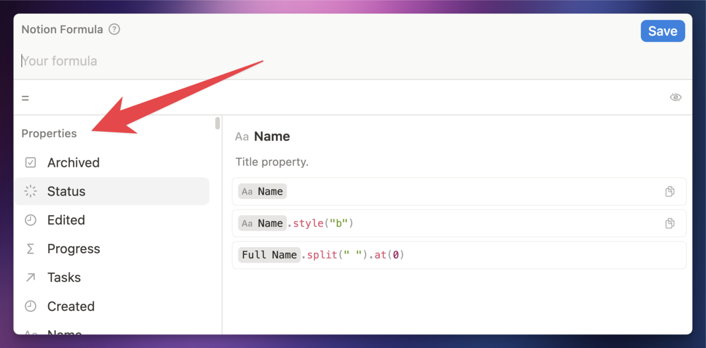 The Notion formula editor with the properties section pointed out.