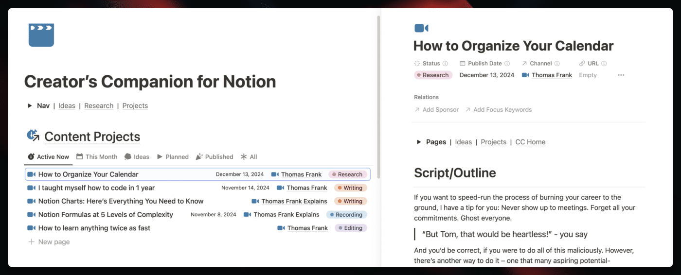 The content projects section of Creator's Companion. 