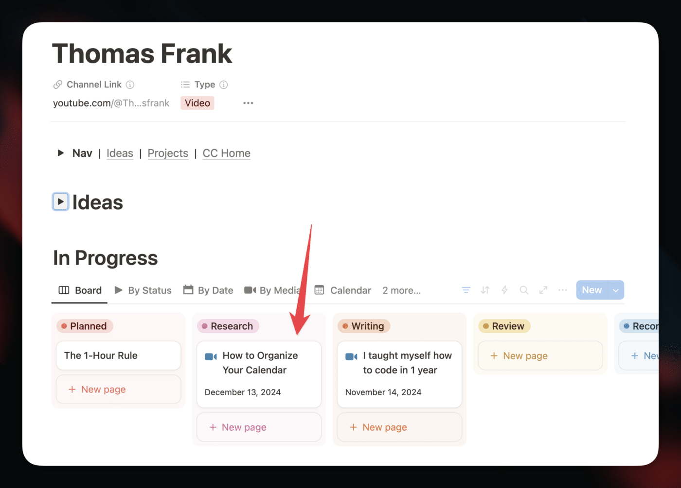 An example channel page showing the in progress section with a board view.