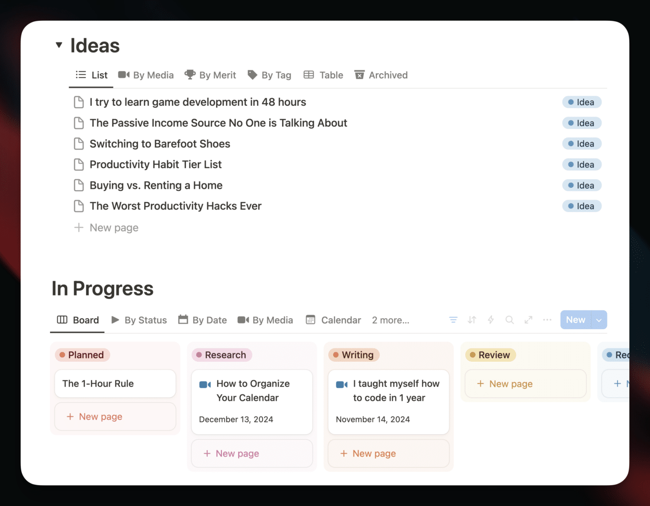 The ideas and in-progress sections on a channel page.