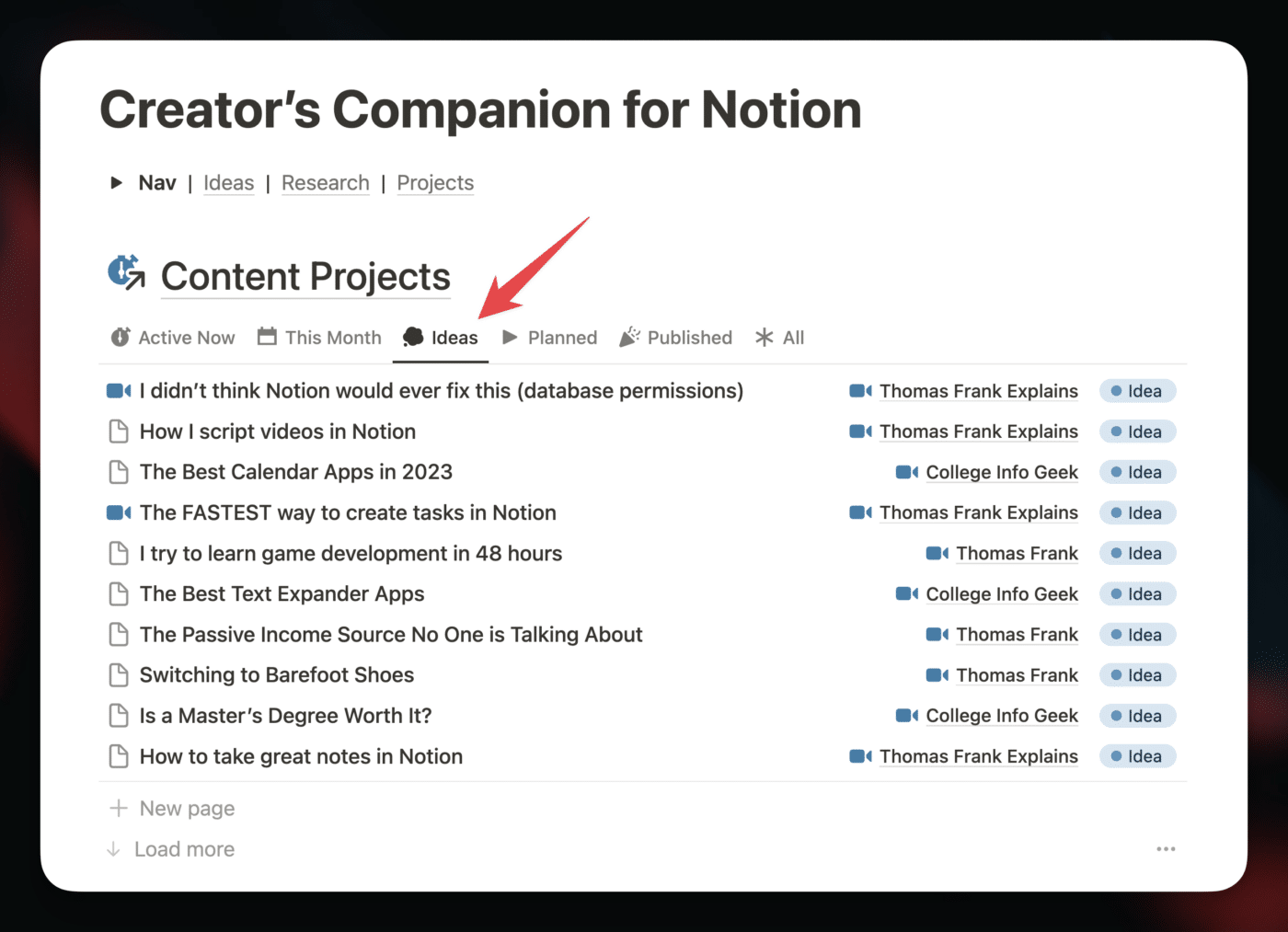 A screenshot pointing out the ideas tab of the content projects section on the homepage. 