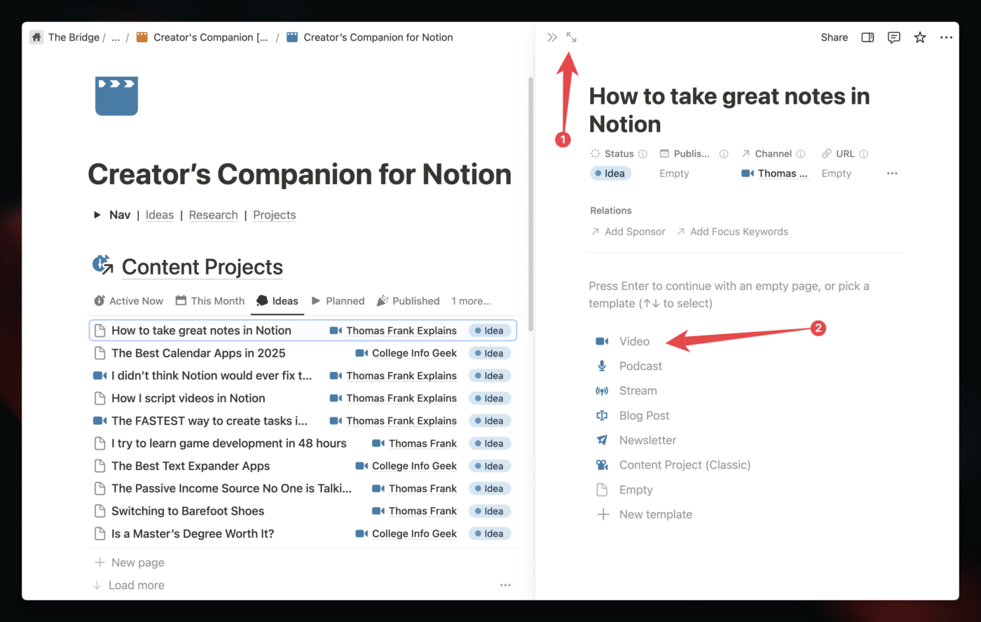 A screenshot showing how to full screen a content project and how to apply a database template. 