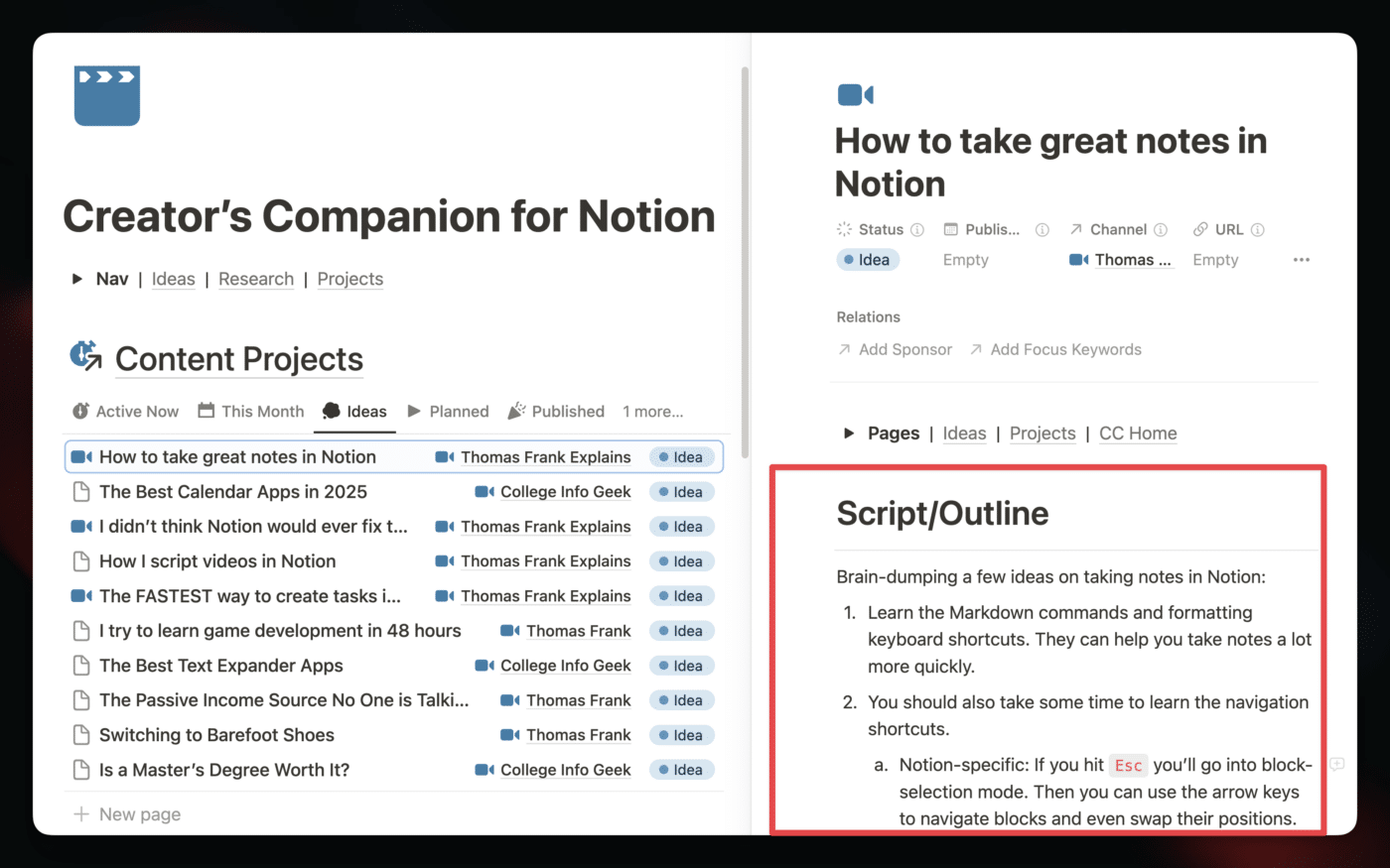 A view of the Creator's Companion homepage with a content project open. 