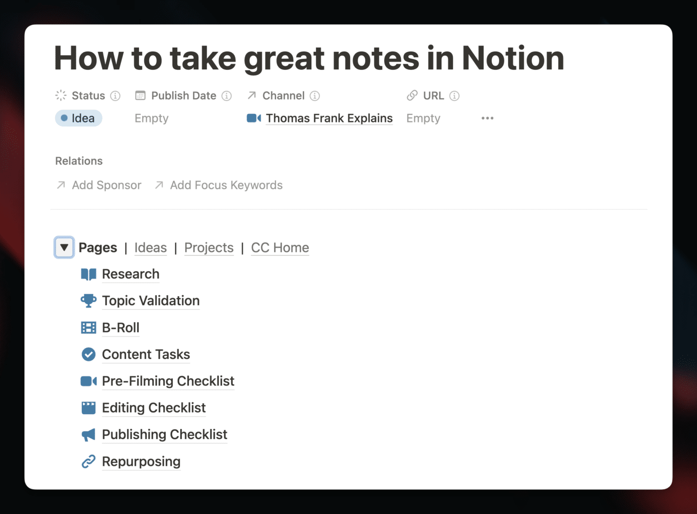The Pages toggle menu inside of a Content Project.