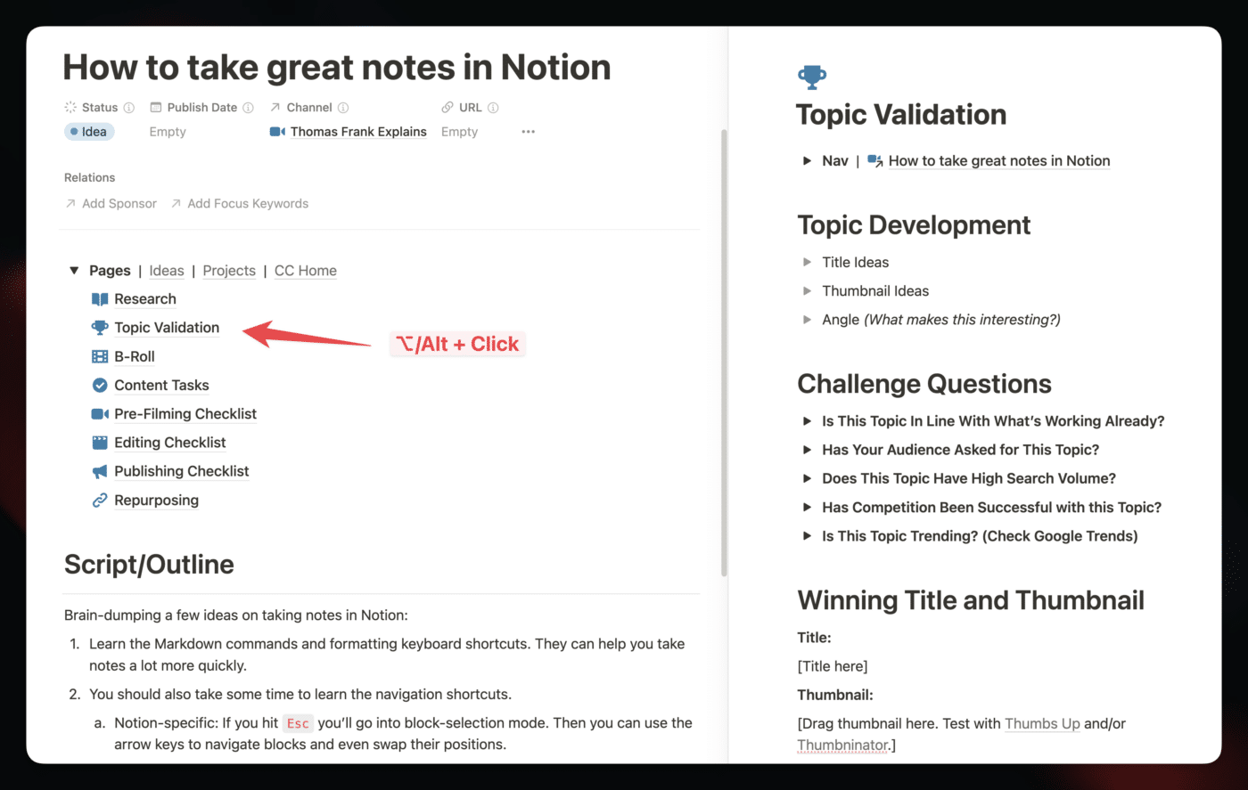 A screenshot demonstrating how to open an internal project page in Side Peek.