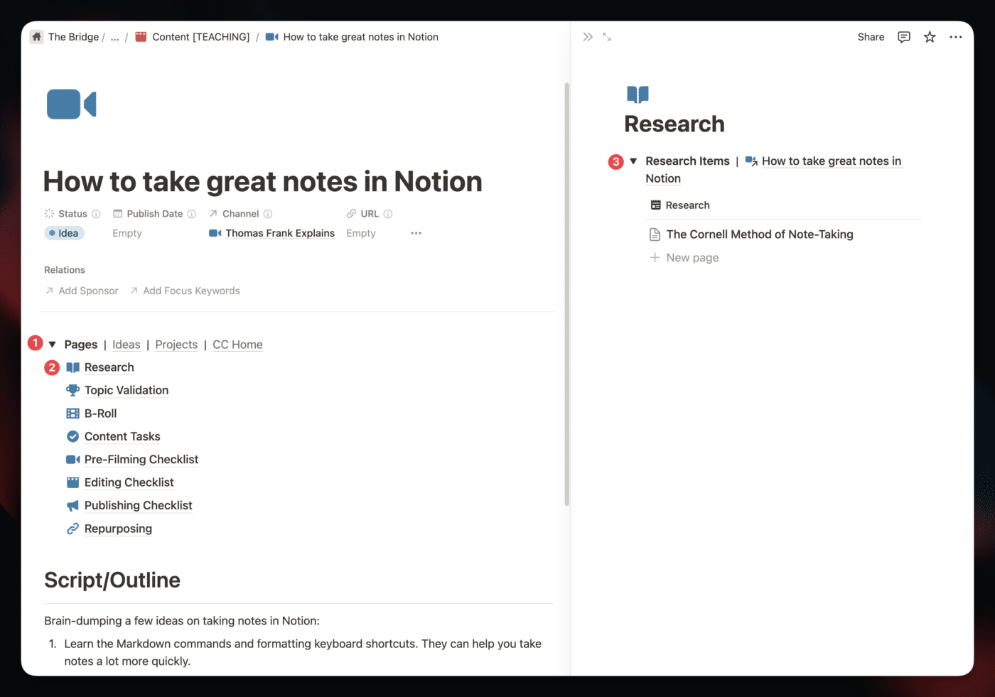 A content project in Notion with the research page opened. 