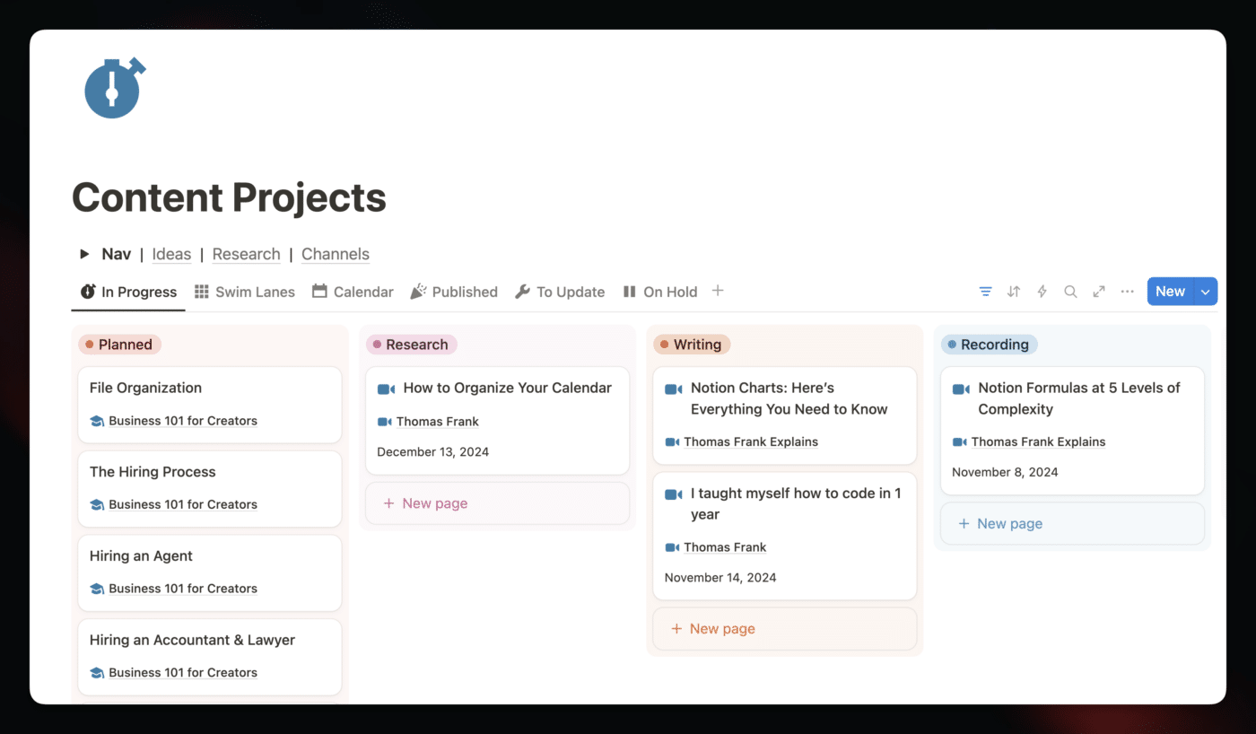 The Content Projects page. 
